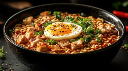 Fototapeta premium Spicy Ramen Noodles with Pork Soft Boiled Egg and Green Onions Delicious Asian Cuisine
