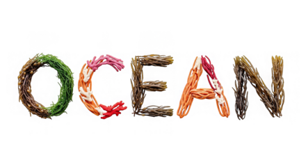 The word OCEAN is spelled out using seaweed, coral and other oceanic elements.