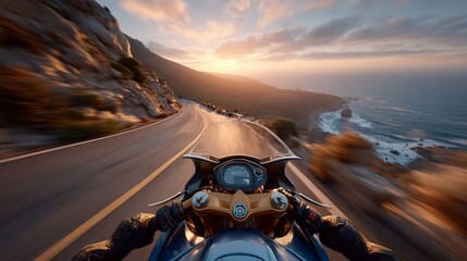 Scenic highway motorcycle ride at sunset overlooking the ocean.