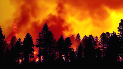 Ai generated image of inferno sky over silhouetted trees, a forest ablaze with fiery orange hues