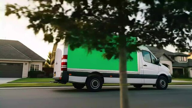 White Delivery Van with Green Screen Drives Through Suburban Neighborhood at Sunset, Perfect for Adding Logos, Advertisements, and Custom Branding for Logistics, Shipping, and Local Services