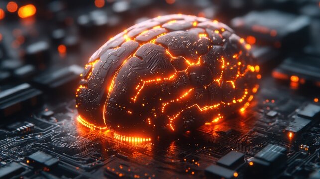 Futuristic glowing brain circuit board AI technology digital brain neural network cybernetic
