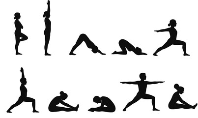 Yoga Exercise Silhouettes – Black Vector Icons of Mindfulness Poses