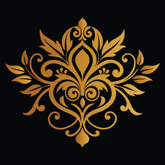 Golden Damask Ornament: Elegant Flourish Design on Black Background