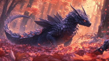 Dragon in autumn forest; majestic creature amidst colorful foliage