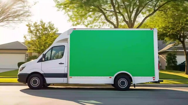 White Delivery Van with Green Screen Panel Parked on Suburban Street - Ready for Your Custom Advertising, Logistics, and Transportation Message (150 characters)