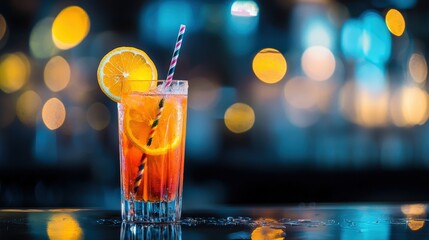 Colorful cocktail with fruit and straw