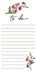 notes and to-do list decorated with orchids, trendy planner or organizer. botanical illustration