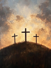 Three Crosses on Hill Under Dramatic Sunrise Symbolizing Hope and Faith