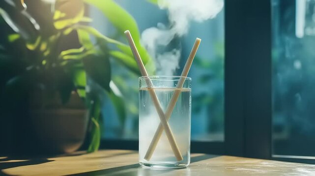 Tranquil scene of steaming water with chopsticks resting in a glass, surrounded by lush greenery