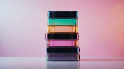 Stack of Pastel Colored VHS Tapes with Neon Glow and Reflection