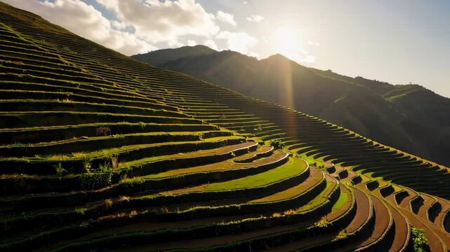 Stunning sunlit rice terraces landscape montage