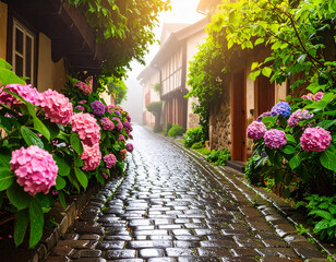 Naklejka premium 雨、濡れる、紫陽花、石畳、小道、梅雨、初夏、洋風、庭、道路