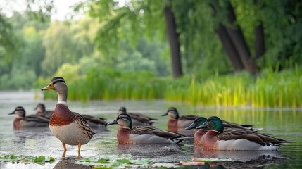 Fototapeta premium Ducks swimming in park pond at sunrise