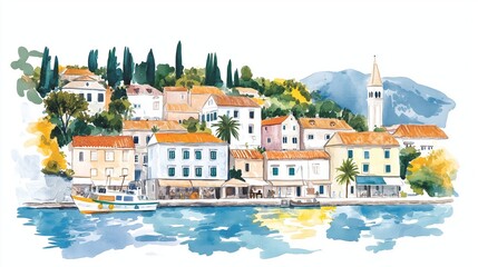 Hvar. Hvar hand drawn watercolor illustration