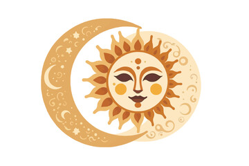 Cartoon Sun and Moon Celestial Art Illustration- Golden Sun Face Smiling Beside Crescent Moon with Stars- Whimsical Astrology and Boho Decor Image
