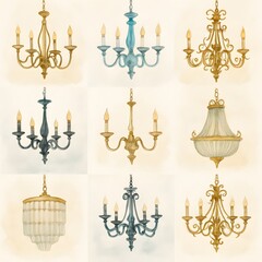Nine watercolor chandelier designs
