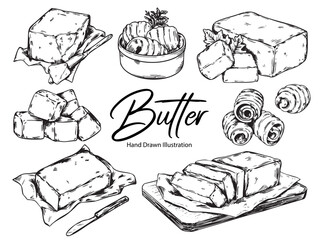 Set of hand drawn various butter outline drawing illustration