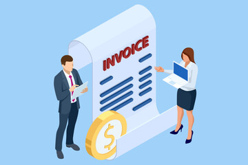 Isometric Mobile invoice payment concept.Secure online billing, payment, and business deals Digital financial services icon coins for banking and e-commerce design. Statements Software