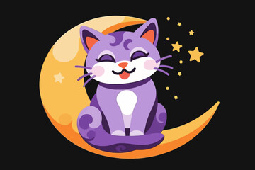 Cute Purple Cat on the Moon - Whimsical Feline Illustration - Night Sky with Stars - Cartoon Cat for Kids - Dreamy Cat Art -  Magical Creature Artwork