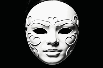 Dramatic White Mask on Black Background - Venetian Style Masquerade Mask - Mysterious Facial Covering with Swirl Details - High Contrast Studio Shot - Artistic Expression