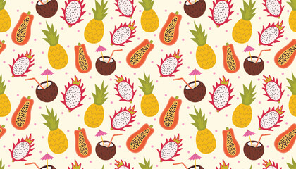 Colorful summer fruit pattern featuring coconut drinks, pineapples, papayas, and dragon fruit.