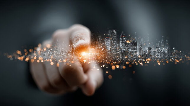 Introduction: Businessman holding icon and data exchanges symbolizing secure connection on city background, business growth, digital transformation, technology integration, and strategic development.