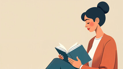 Young woman reading a book with a thoughtful expression in a minimalistic and elegant setting with copy space