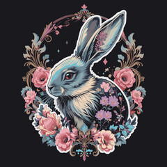 Artistic rabbit print with floral elements for a t-shirt design on a black background