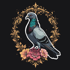 Stylish pigeon print with ornate floral decoration for a t-shirt design on a black background
