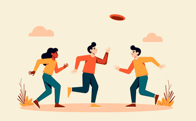 Friends playing frisbee outdoors with a cheerful atmosphere in a minimalist illustration