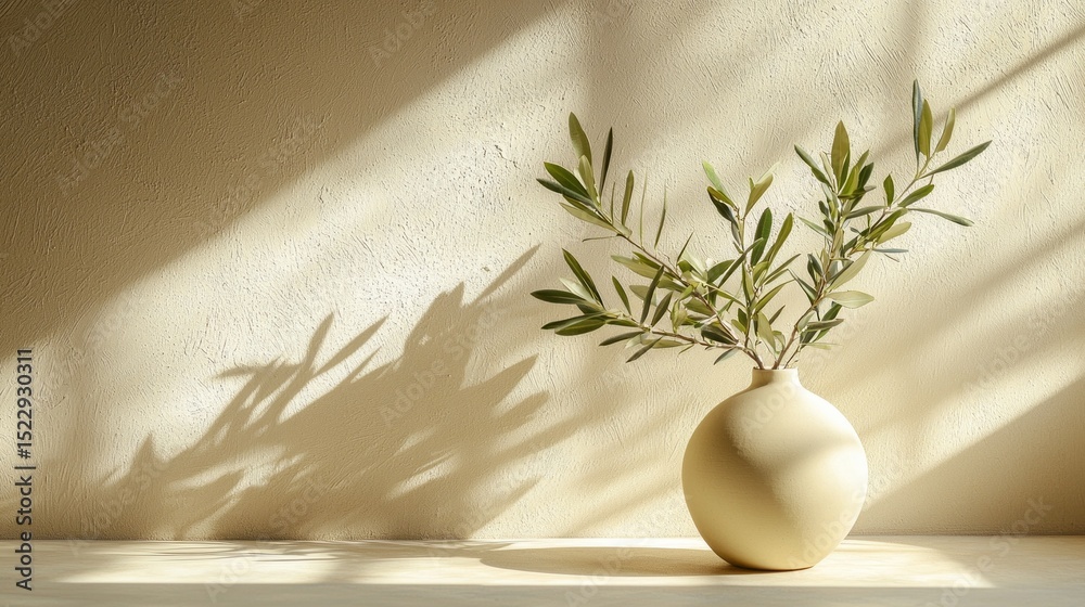 Poster modern summer still life featuring a beige vase with olive branches and soft light in a minimalist s
