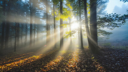 Sunlight filters through trees in a misty forest, creating a serene atmosphere at dawn