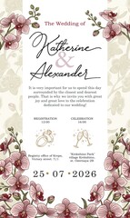 Botanical wedding invitation card, vintage Save the Date, elegant orchid, vector fashion cover, graphic poster, brochure