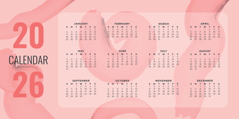 Calendar for the whole year 2026 with soft watercolor elements. All months on one page. Perfect for printing, interior decoration, planning, gifts and crafts. Vector illustration