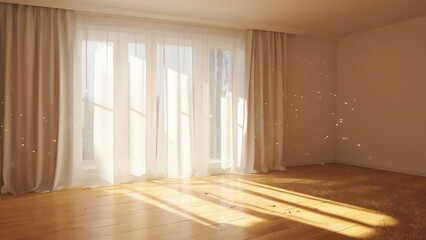 Sunlight streaming through sheer curtains into an empty room creates a serene and peaceful atmosphere in the early morning hours