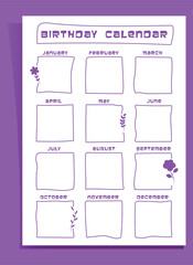 2026 Birthday Calendar - One Page Yearly Reminder Planner in Doodle Style,Vector Isolated Calendar
