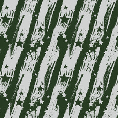 Seamless grunge camouflage pattern with diagonal stripes and star elements in army green and black. Distressed military-style texture for apparel, backgrounds, or tactical design projects.