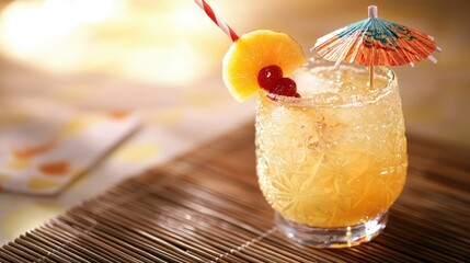 Cocktail with umbrella and fruit skewer