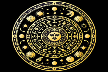 Naklejka premium Golden Celestial Mandala Art - Intricate Sun Moon and Star Design - Mystical Astrology Symbol - Ornate Esoteric Vector Illustration on Black Background