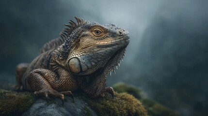 Fototapeta premium Close-up of a large iguana resting on mossy rock.