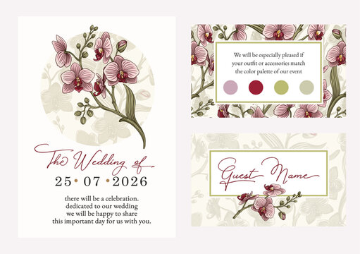 Botanical wedding invitation template, white orchid flowers and leaves. Template with highly detailed, vector, realistic spring flowers. Save the Date and RSVP collection.