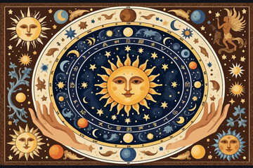 Mystical Sun & Celestial Art - Vintage Astrological Chart with Sun Moon & Stars - Esoteric Artwork for Spiritual Seekers & Astrology Lovers