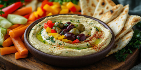 A vibrant platter features creamy dip, colorful vegetables, and triangles of flatbread, offering a delightful culinary experience.
