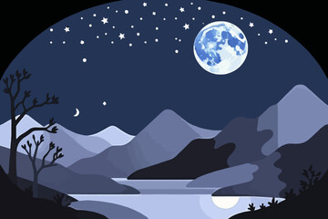 Naklejka premium Night Landscape with Full Moon and Stars-Mountain Scenery under the Moonlight-Peaceful Night Sky Reflection on Water-Stunning Nighttime Illustration