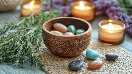 Healing stones in a wooden bowl, surrounded by candles and rosemary