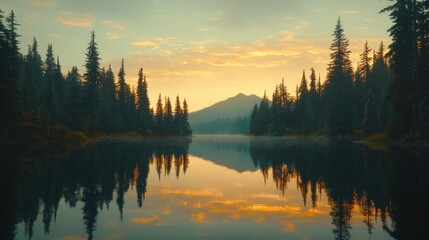 Fototapeta premium Serene lake sunrise reflecting forest