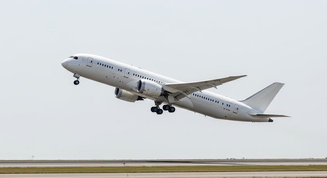 Boeing 787 Dreamliner Takeoff Side View - A pristine white Boeing 787 Dreamliner ascends during takeoff, showcasing its elegant design and powerful engines. This symbolizes travel, progress