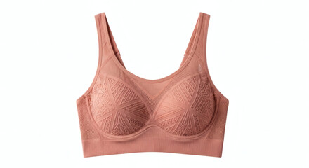 Elegant rose-colored sports bra with intricate lace detailing against a clean white background