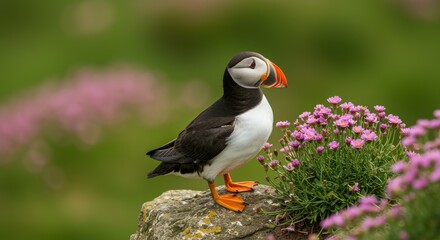 Naklejka premium Charming Puffin on Coastal Rock with Blooming Flowers - A charming puffin rests on a coastal rock amidst vibrant pink flowers, symbolizing wildlife, coastal beauty, springtime, serenity